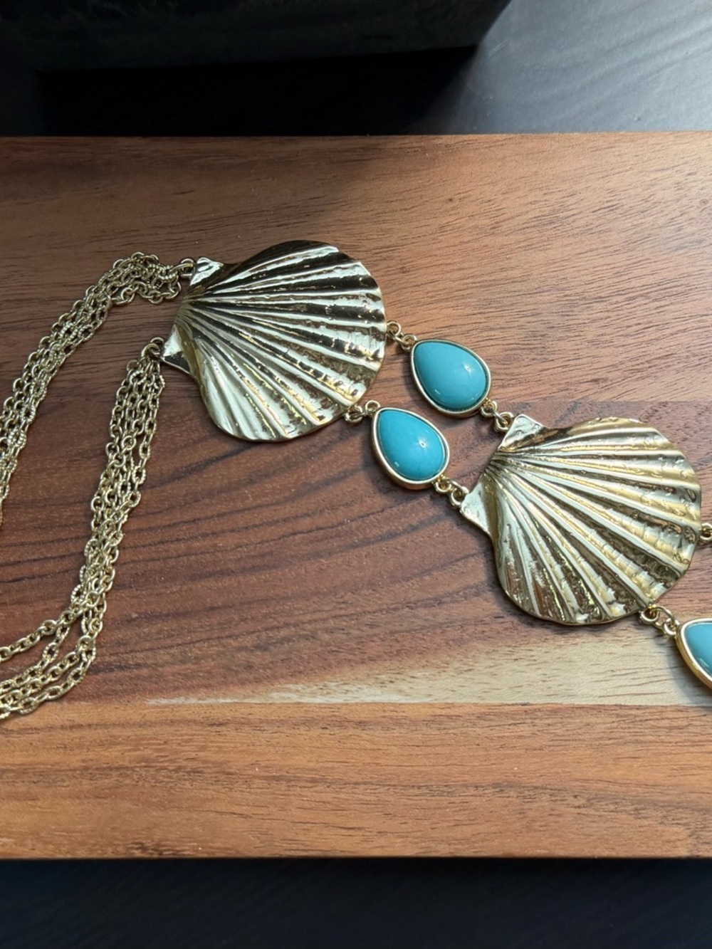 Gold Shell Necklace with Turquoise Teardrop Accents